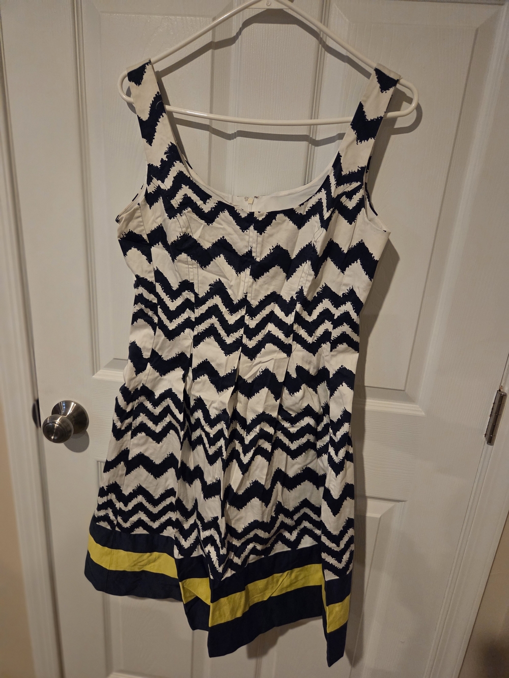 Nine West Navy and White Chevron Midi Dress with Yellow Hem Stripe